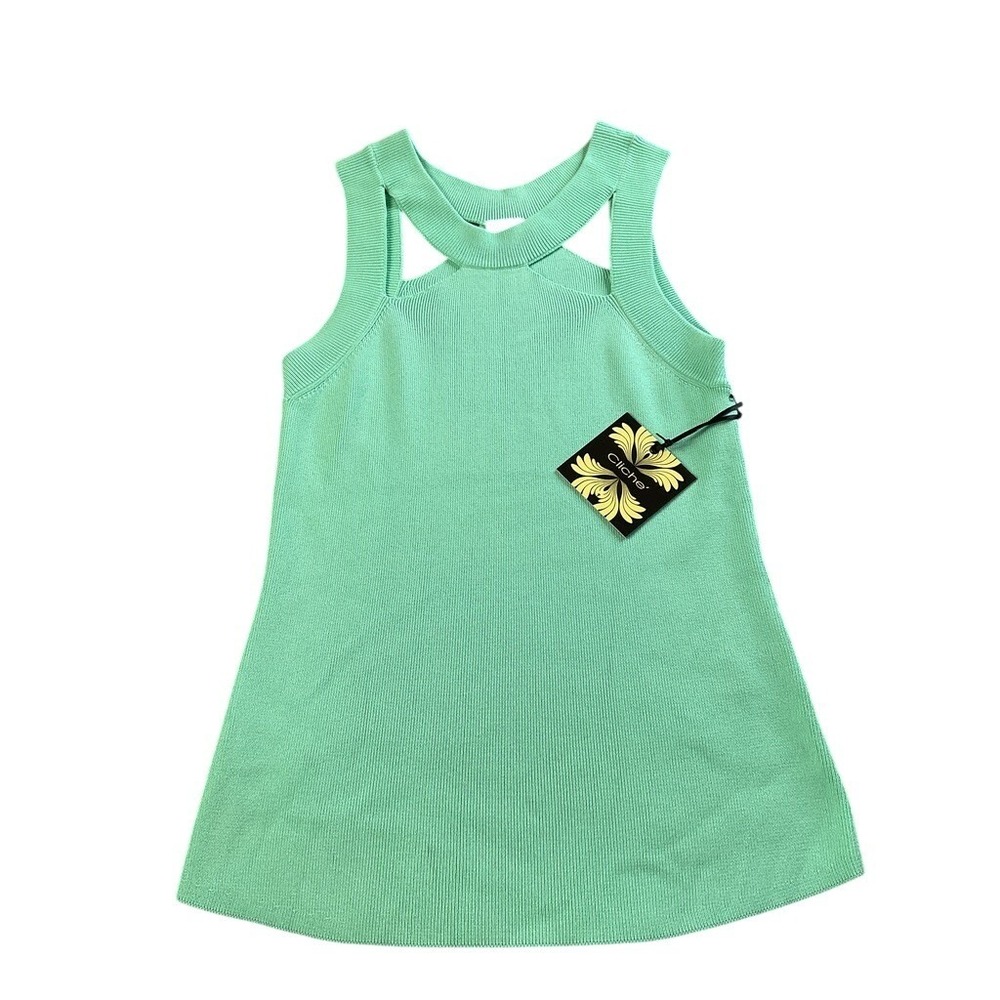 Cliche Mint Green Ribbed Knit Cutout Neckline‎ Tank Top Criss Cross Back Women M